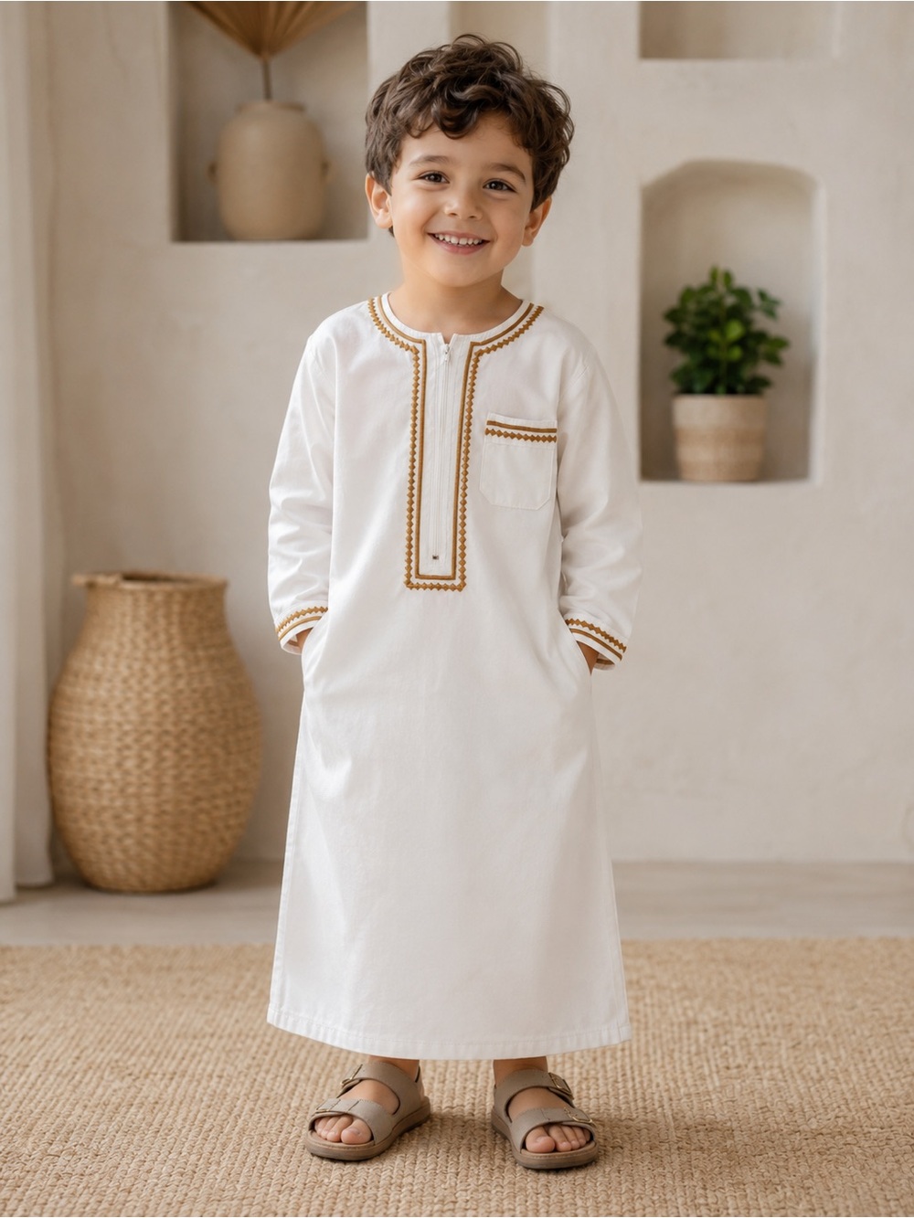 Boys White Embroidered Abaya Kandora with Gold Trim
